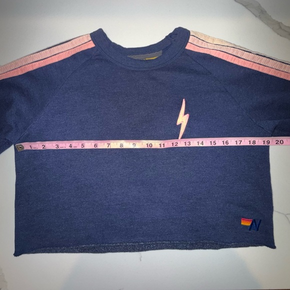 ✨rare✨Aviator Nation Cropped Blue Sweatshirt with Pastel Stripes - Picture 5 of 9